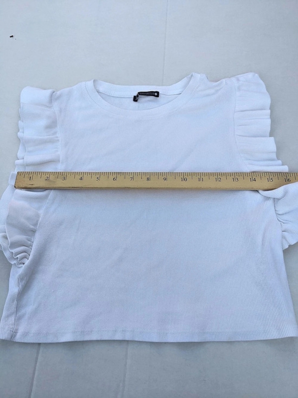Zara Ribbed Ruffle T-Shirt Ruffle Sleeve Top White Medium - Picture 8 of 8